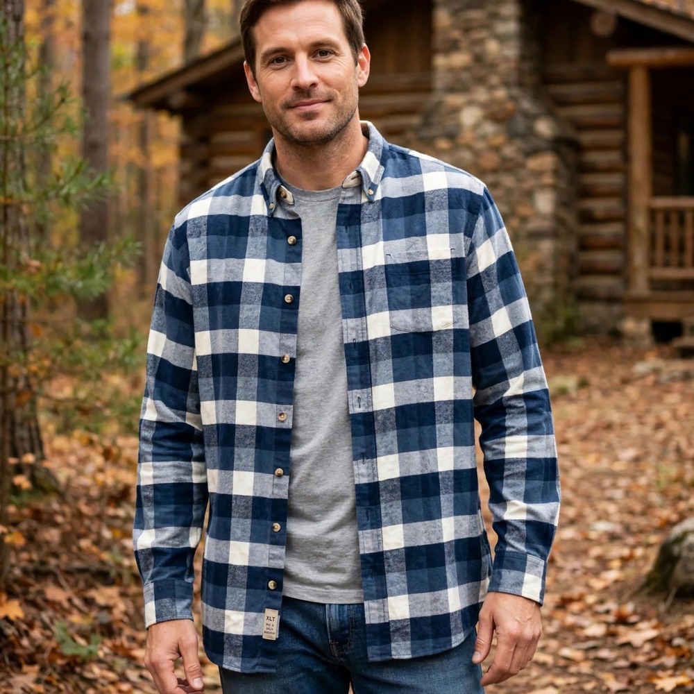Redhead Mens Blue Buffalo Plaid Flannel Shirt XLT Tall Button Down Cotton